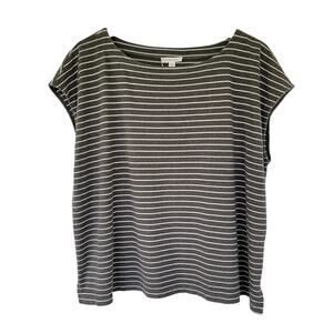 Eileen Fisher Striped Boxy Top Hemp Organic Cotton Olive Green White Womens M